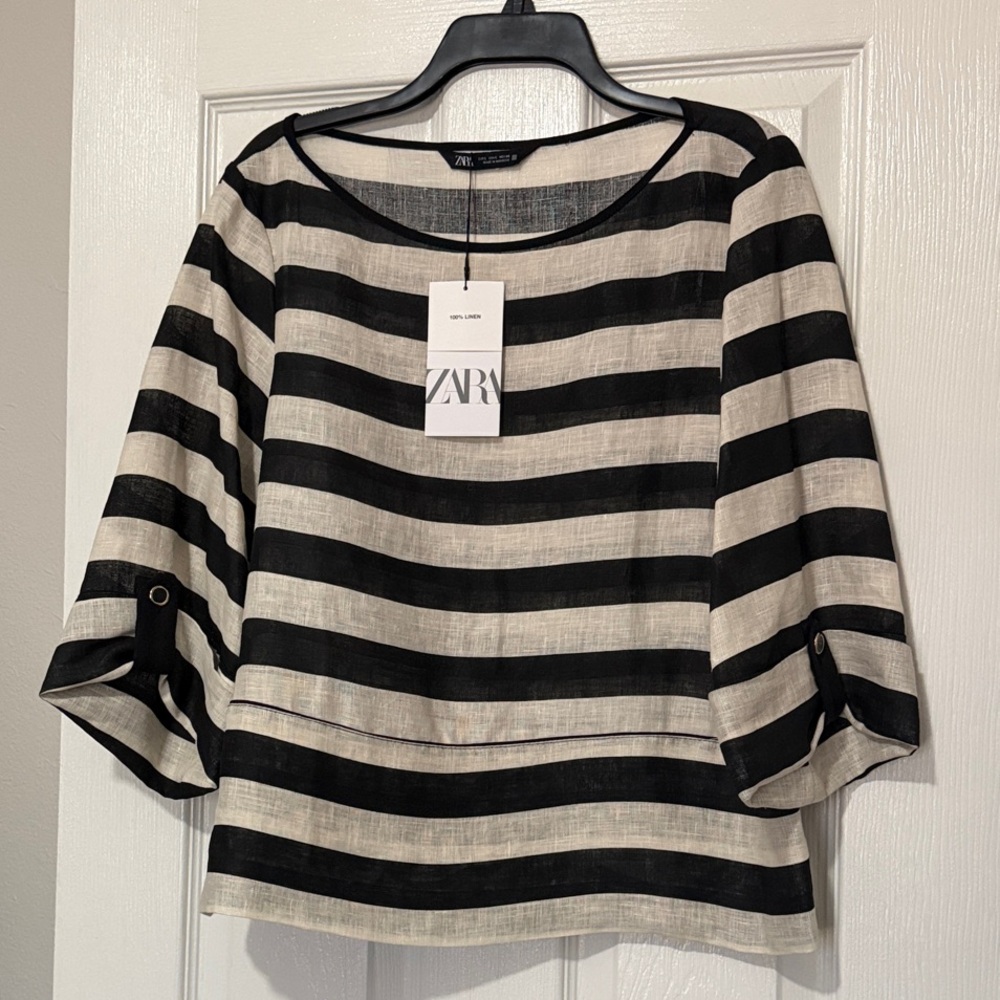Zara Women's Black and Cream Striped Blouse